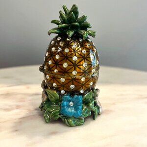 Pineapple With Flowers and Swarovski Crystals Hinged Trinket Box